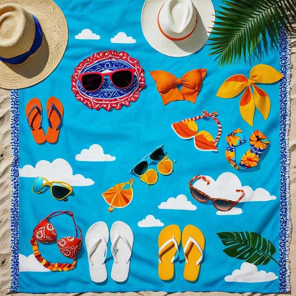 A vibrant summer scene featuring a diverse collection of stylish bikini designs laid out on a beach towel, surrounded by colorful beach accessories like sunglasses and flip-flops. In the background, an elegant retractable awning provides shade, adorned with tropical patterns, enhancing an outdoor space. The sky is bright blue with fluffy white clouds, and playful waves lapping at the shore add a refreshing touch. super-realistic. vibrant colors. summer vibe.