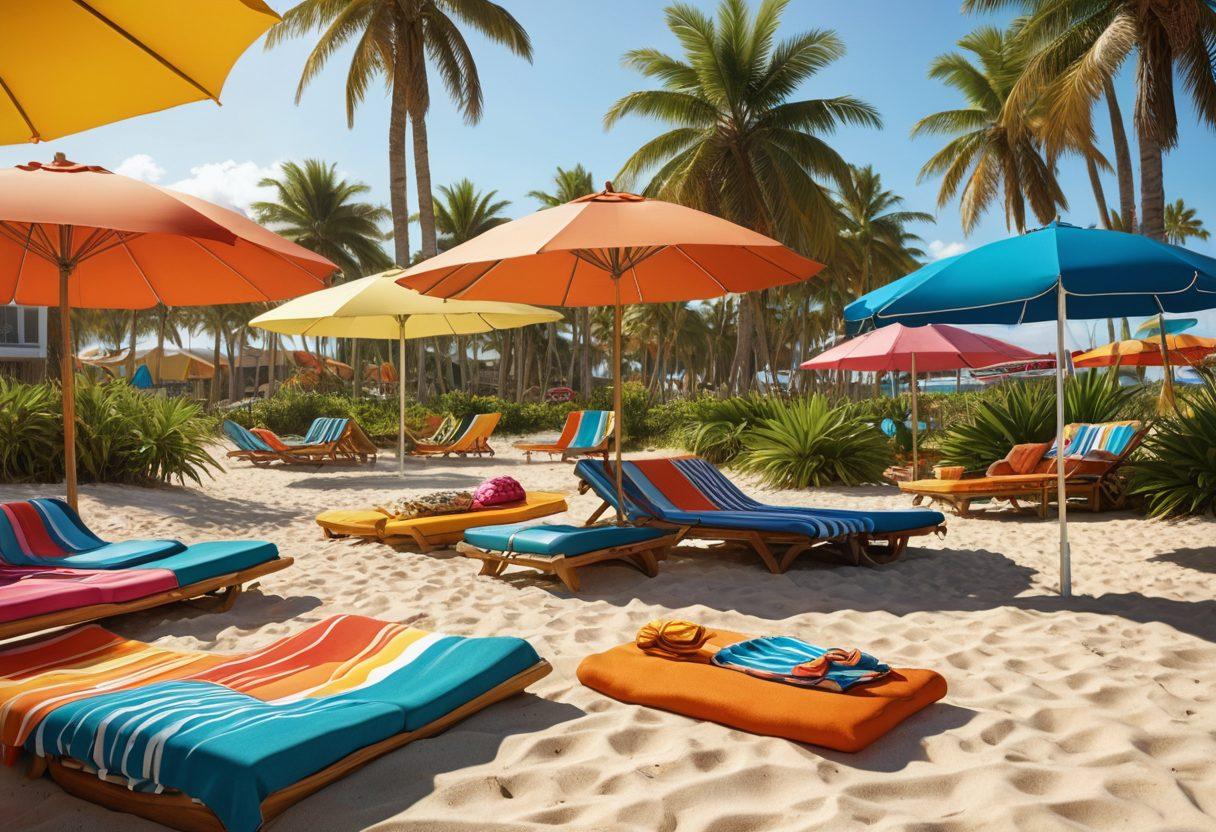 A vibrant beach scene featuring a variety of stylish bikinis on colorful mannequins, paired with innovative, modern awnings providing shade. The sun rays highlight the playful designs of the bikinis while beachgoers enjoy the summer vibe. Include palm trees and beach accessories to enhance the summer atmosphere. super-realistic. vibrant colors. 3D.