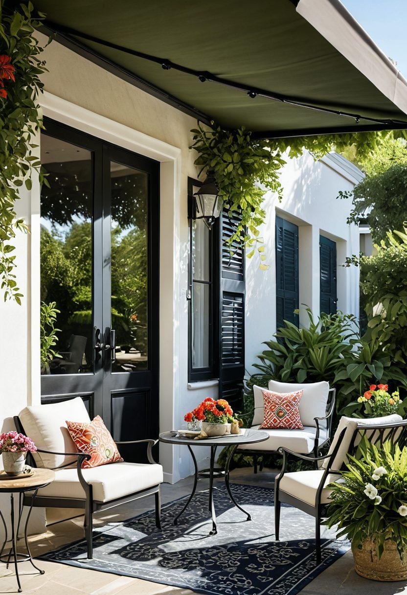 A beautifully designed outdoor space featuring a stylish awning that provides shade over a cozy seating area with elegant furniture, surrounded by lush greenery and colorful flowers. Sunlight dapples through the fabric of the awning, creating patterns on the ground. A refreshing drink sits on a small table, adding to the inviting atmosphere. The scene captures the essence of outdoor living transformed by an awning. super-realistic. vibrant colors. natural lighting.